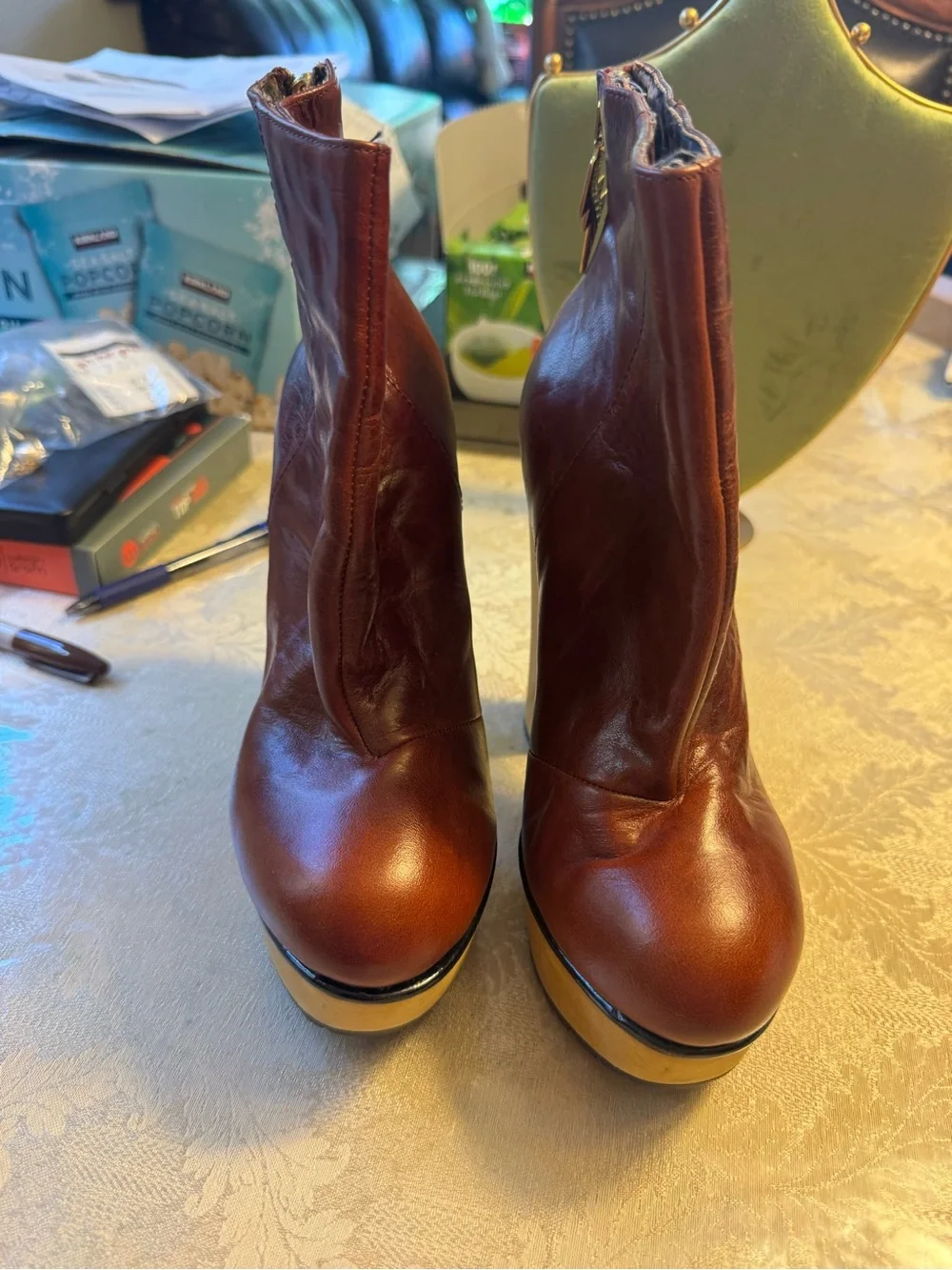 Betsey Johnson Maybill Cognac Leather Platform Boots Wood Block Heel 8M